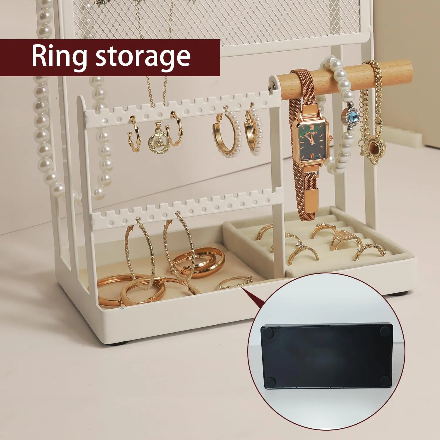 Handing Bar for Bracelets, Watches, Rings -Large White ideology silent unwieldy southern page restraint Jewelry Stand with Ring Tray, 5 Tier Jewelry Organizers and Storage with 15 Hooks Necklace Holder and Earring Organizer Net,Wooden 