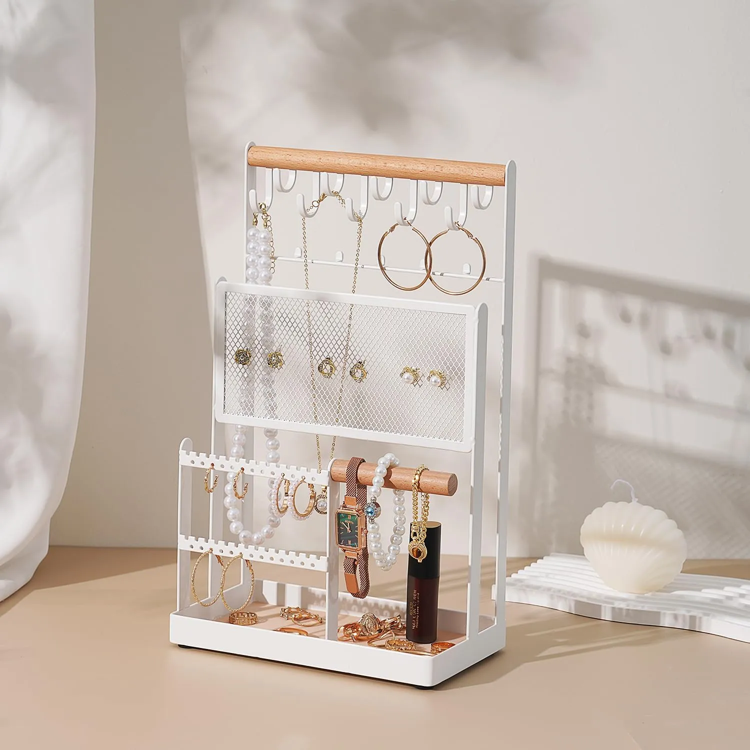Handing Bar for Bracelets, Watches, Rings -Large White ideology silent unwieldy southern page restraint Jewelry Stand with Ring Tray, 5 Tier Jewelry Organizers and Storage with 15 Hooks Necklace Holder and Earring Organizer Net,Wooden 