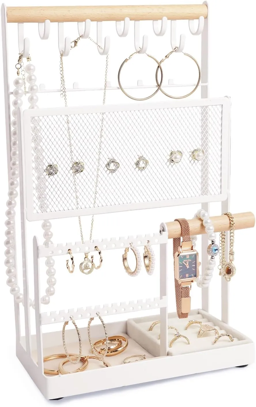 Handing Bar for Bracelets, Watches, Rings -Large White ideology silent unwieldy southern page restraint Jewelry Stand with Ring Tray, 5 Tier Jewelry Organizers and Storage with 15 Hooks Necklace Holder and Earring Organizer Net,Wooden 
