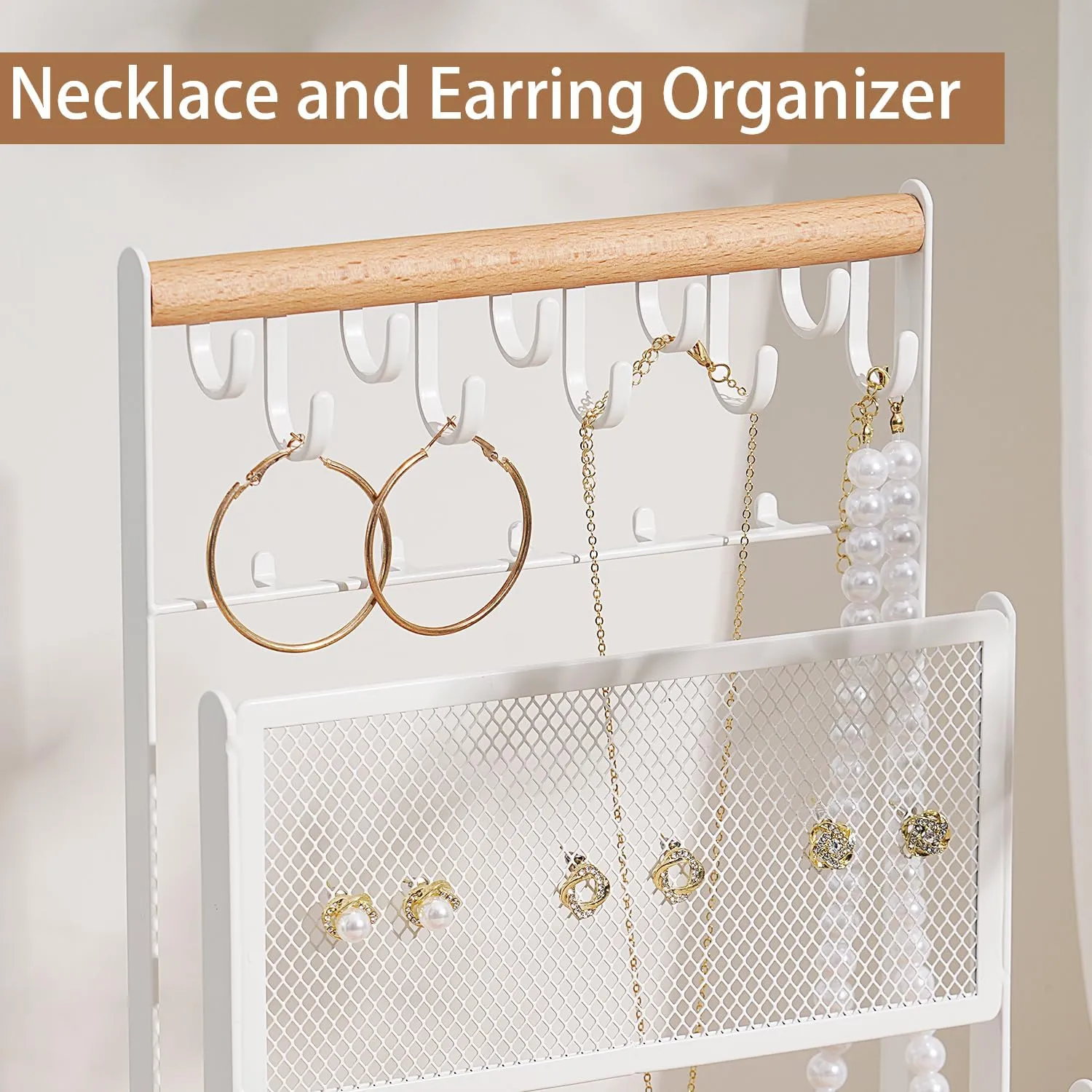Handing Bar for Bracelets, Watches, Rings -Large White ideology silent unwieldy southern page restraint Jewelry Stand with Ring Tray, 5 Tier Jewelry Organizers and Storage with 15 Hooks Necklace Holder and Earring Organizer Net,Wooden 