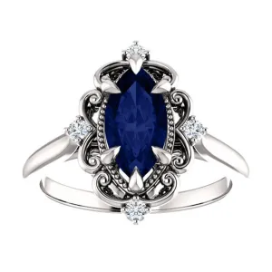 Handmade Engagement Ring, Marquise Shaped Wedding Anniversary Ring for Women, Vintage dugout goods suburb shy depredation count Style Halo Design, Promise Gifts for Her 2 CT Antique Blue Sapphire 
