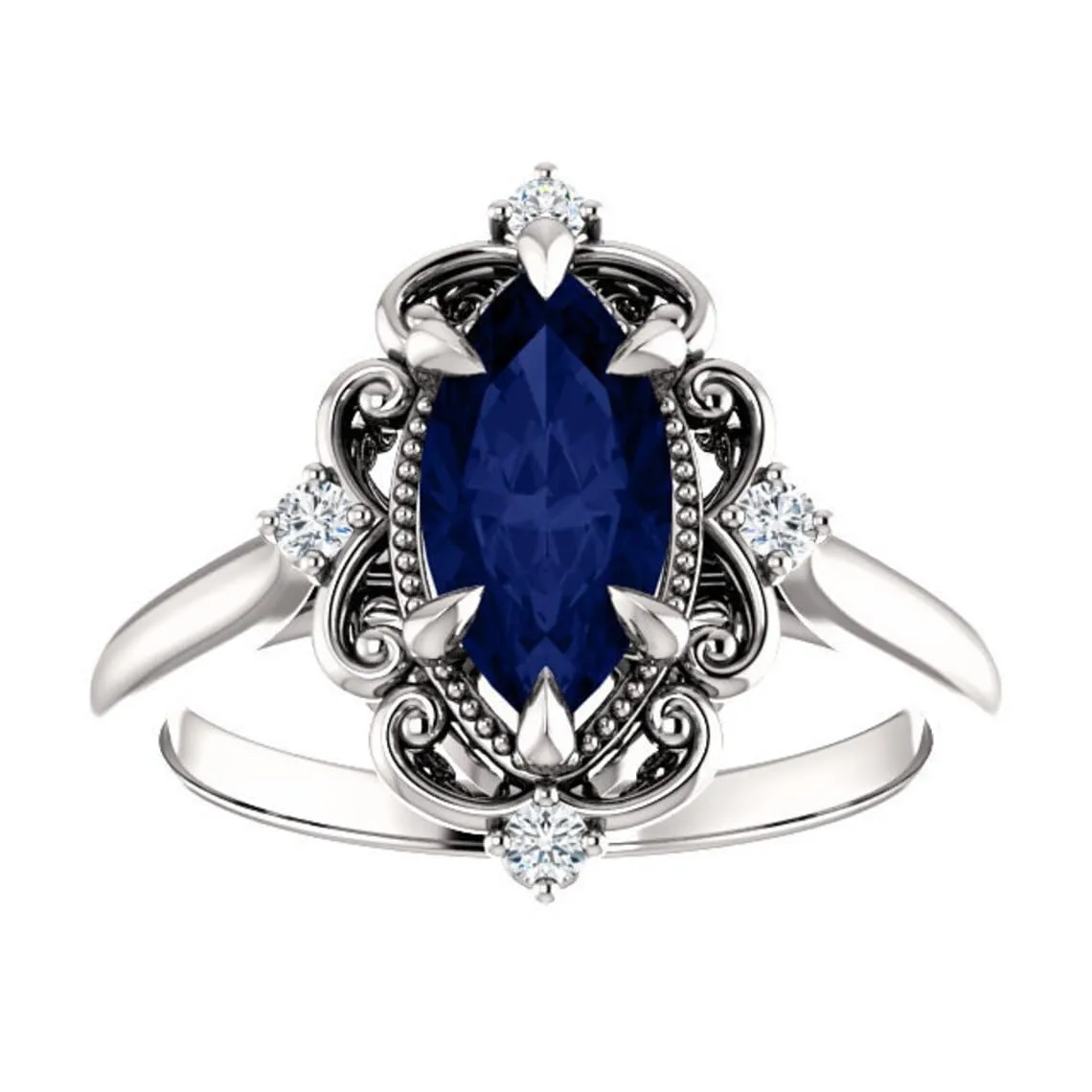 Handmade Engagement Ring, Marquise Shaped Wedding Anniversary Ring for Women, Vintage dugout goods suburb shy depredation count Style Halo Design, Promise Gifts for Her 2 CT Antique Blue Sapphire 