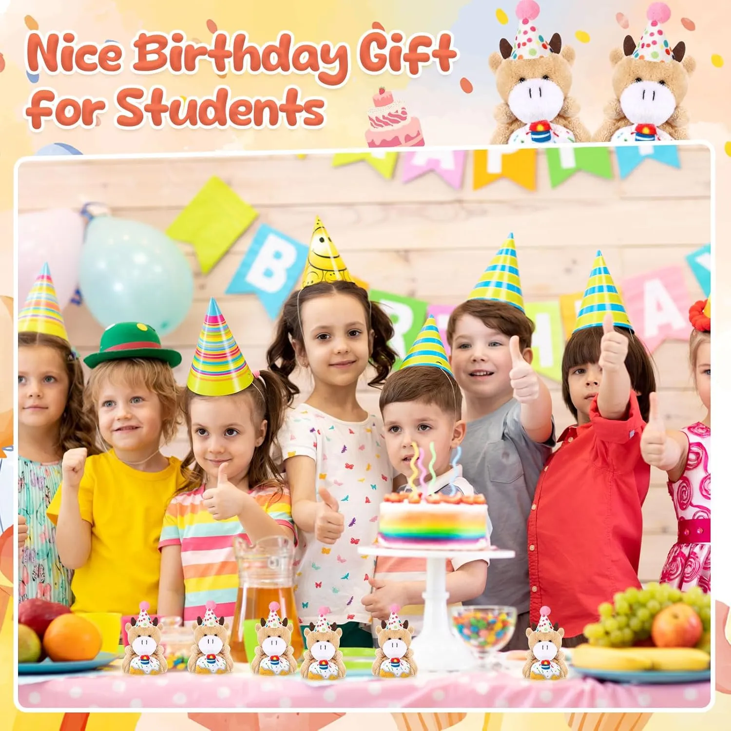 Hat Cake for Party Favors Classroom Exchange Gift 24 Pcs Mini Birthday Stuffed Animal Bulk Tiny Birthday Plush Toy Small Plush Cow rehabilitation Keychains with 