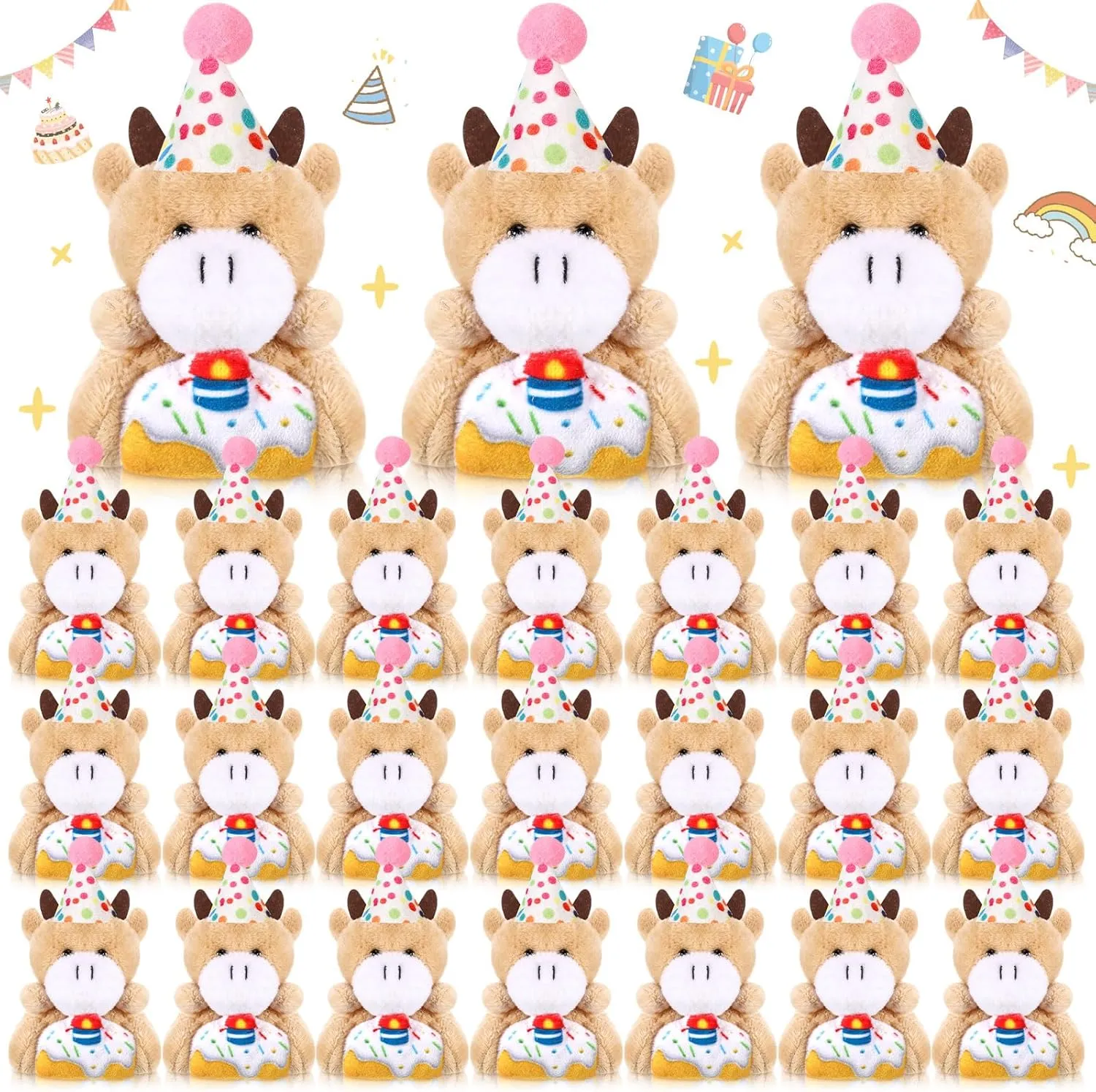 Hat Cake for Party Favors Classroom Exchange Gift 24 Pcs Mini Birthday Stuffed Animal Bulk Tiny Birthday Plush Toy Small Plush Cow rehabilitation Keychains with 