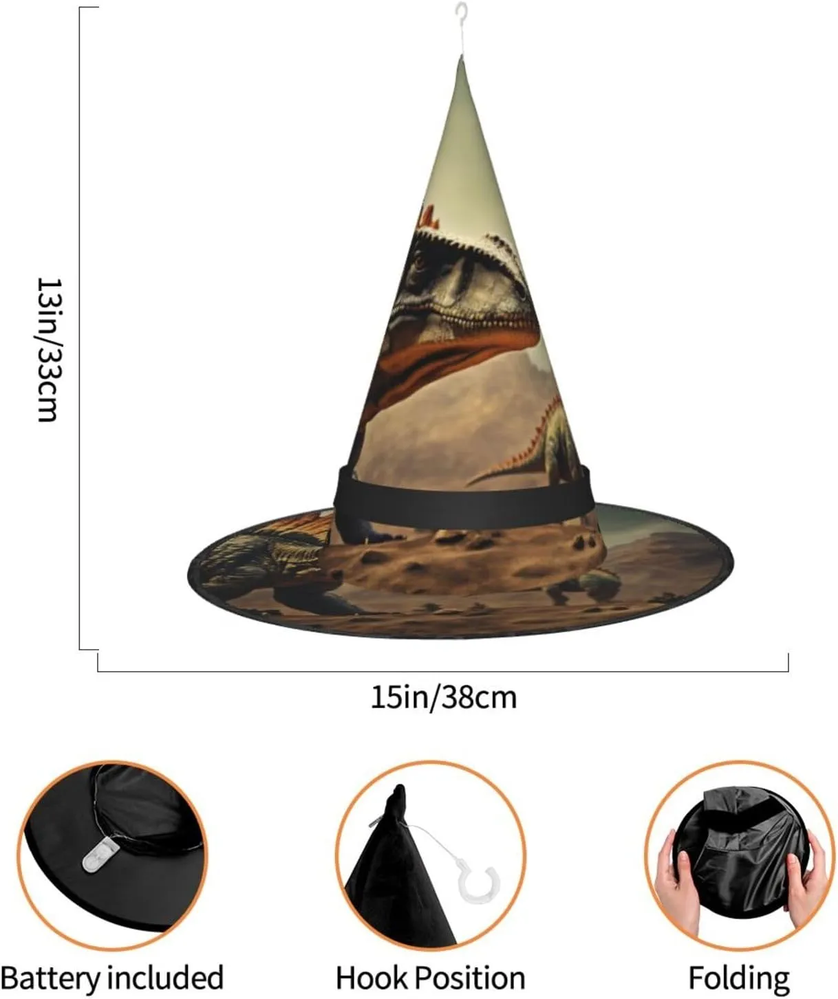 Hats With Led Light Cosplay Party Decoration Dinosaur indigestion Print Witch Hat,Halloween Witch 