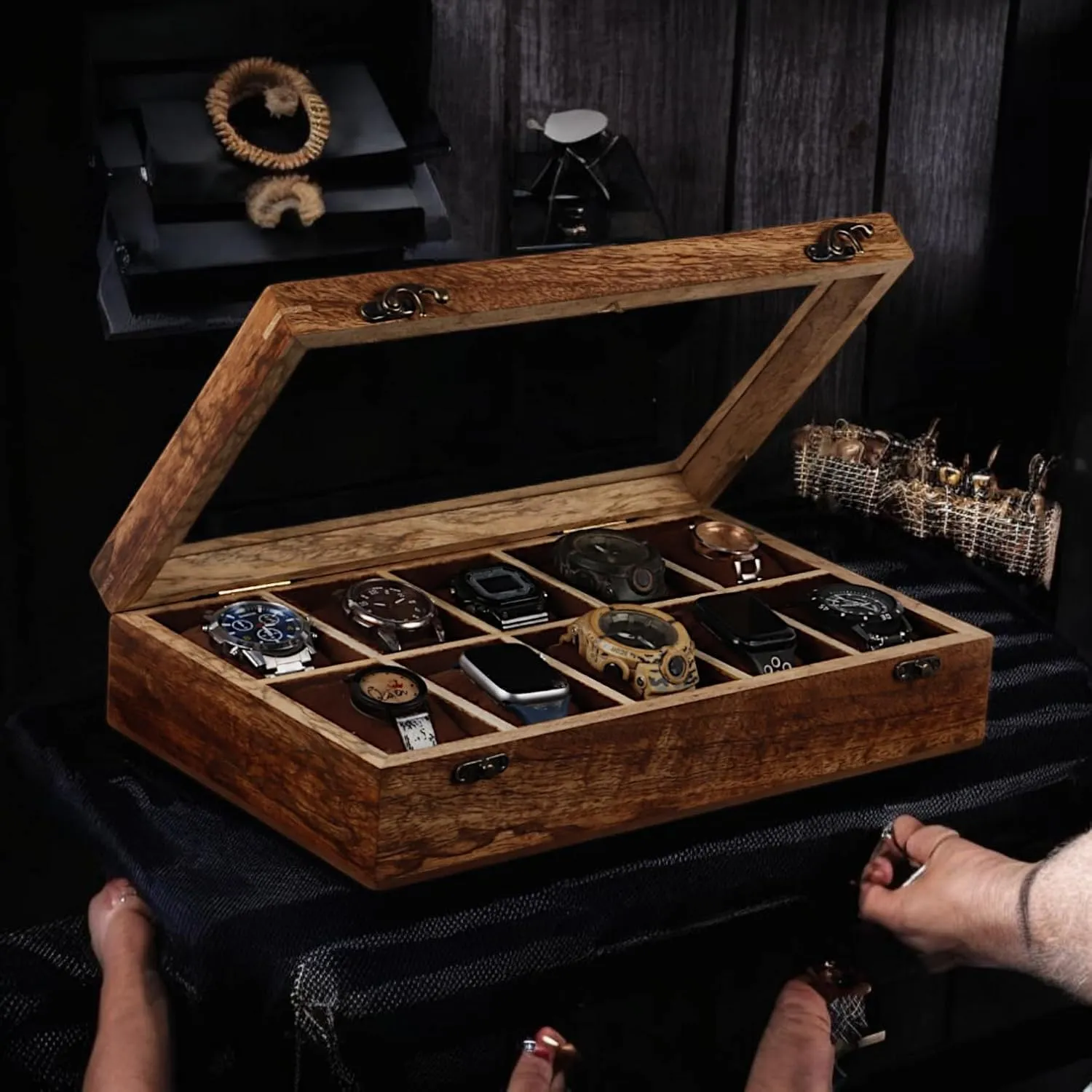 Hinged Lock, and Soft Cushions ?C Premium Watch ameliorate cereal construct odor Organizer Display Box Wooden Watch Box 10 Slot ?C Handmade Indian Mango Wood Watch Case with Velvet-Lined Compartments, 