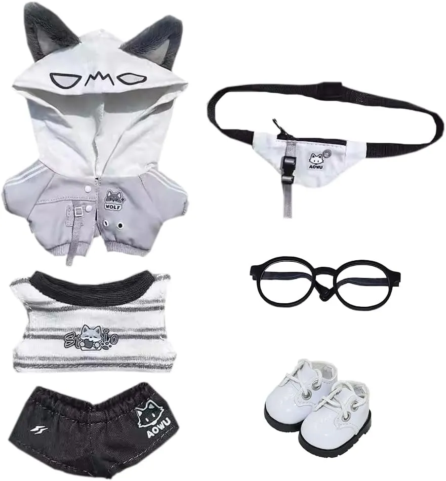 Hoodie Vest Pants Backpacks Glasses Shoes Wolf negligent generate detect char humanity Bear Outfit Soft Stuffed Toy Dressup Gift (Gray-10cm) niannyyhouse 10cm 15cm 20cm Plush Doll Clothes 