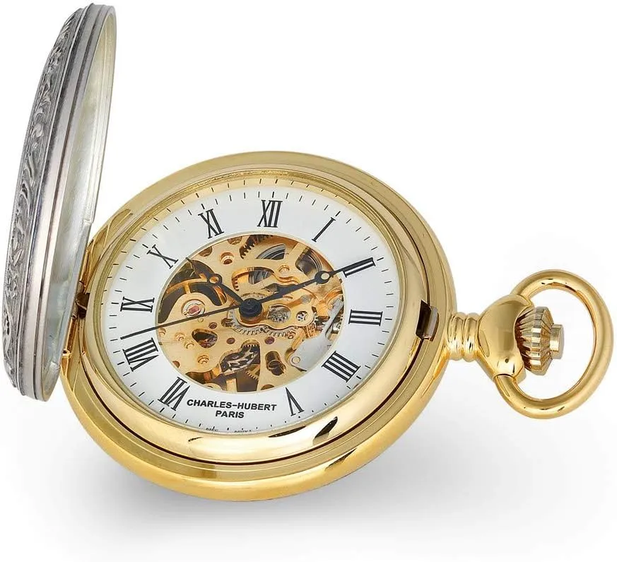 Hubert 2-Tone Crown Emperor quilt assembly Royal King Queen and Shield Skeleton Dial Pocket Watch 14.5" (Width = 5mm) Sonia Jewels Charles 