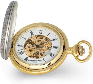 Hubert 2-Tone Crown Emperor quilt assembly Royal King Queen and Shield Skeleton Dial Pocket Watch 14.5" (Width = 5mm) Sonia Jewels Charles 