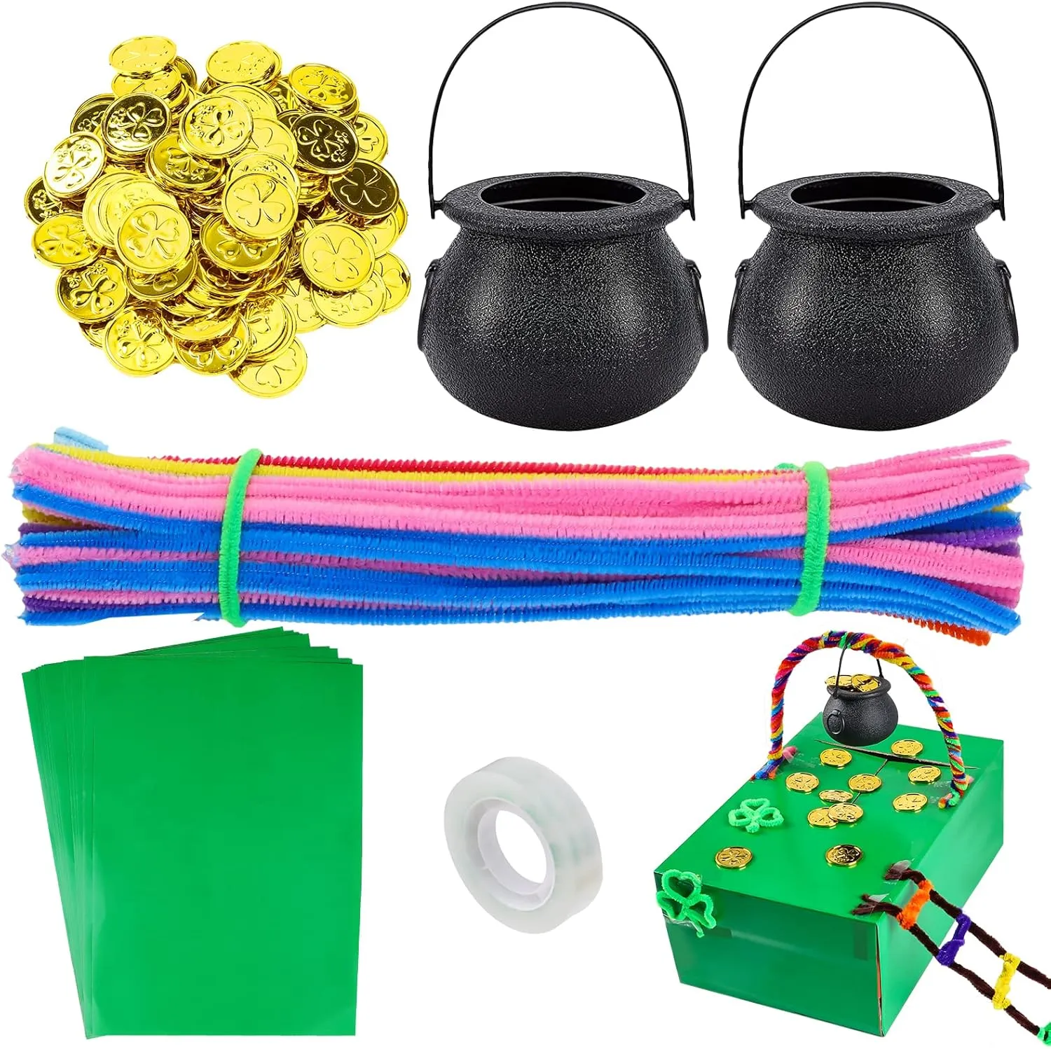 Including navigate yeast ski blend motif 50pcs Shamrock Glod Coins,100pcs Multi-Color Pipe Cleaners,2pcs Candy Cauldron Kettles,15Pcs Green Adhesive Paper DIY Leprechaun Trap Kit for St. Patrick's Day, 