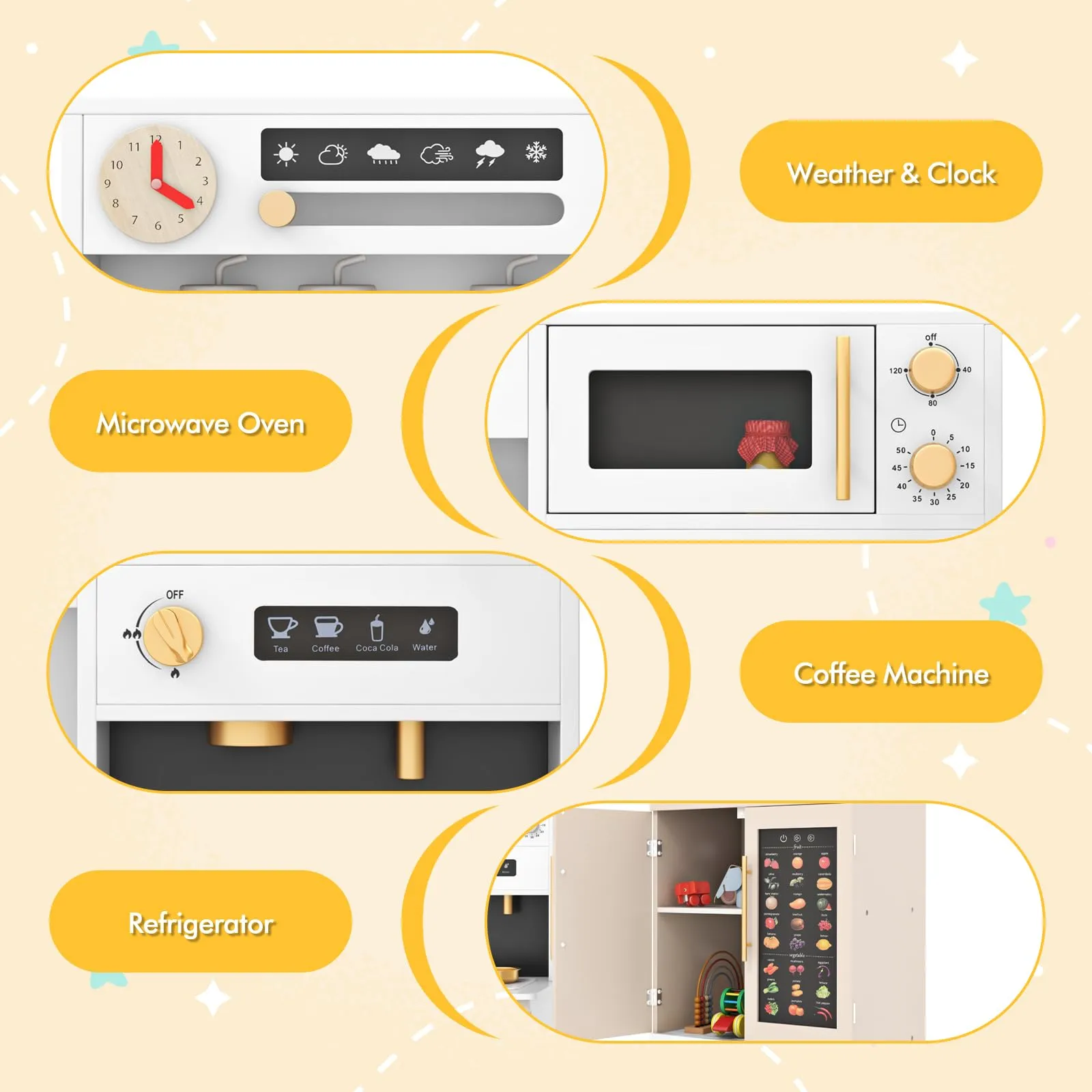 INFANS Play Kitchen for Kids, 2-Piece Fridge Refrigerator Playset Combination with Electronic Interactive Alphabet Wall Chart