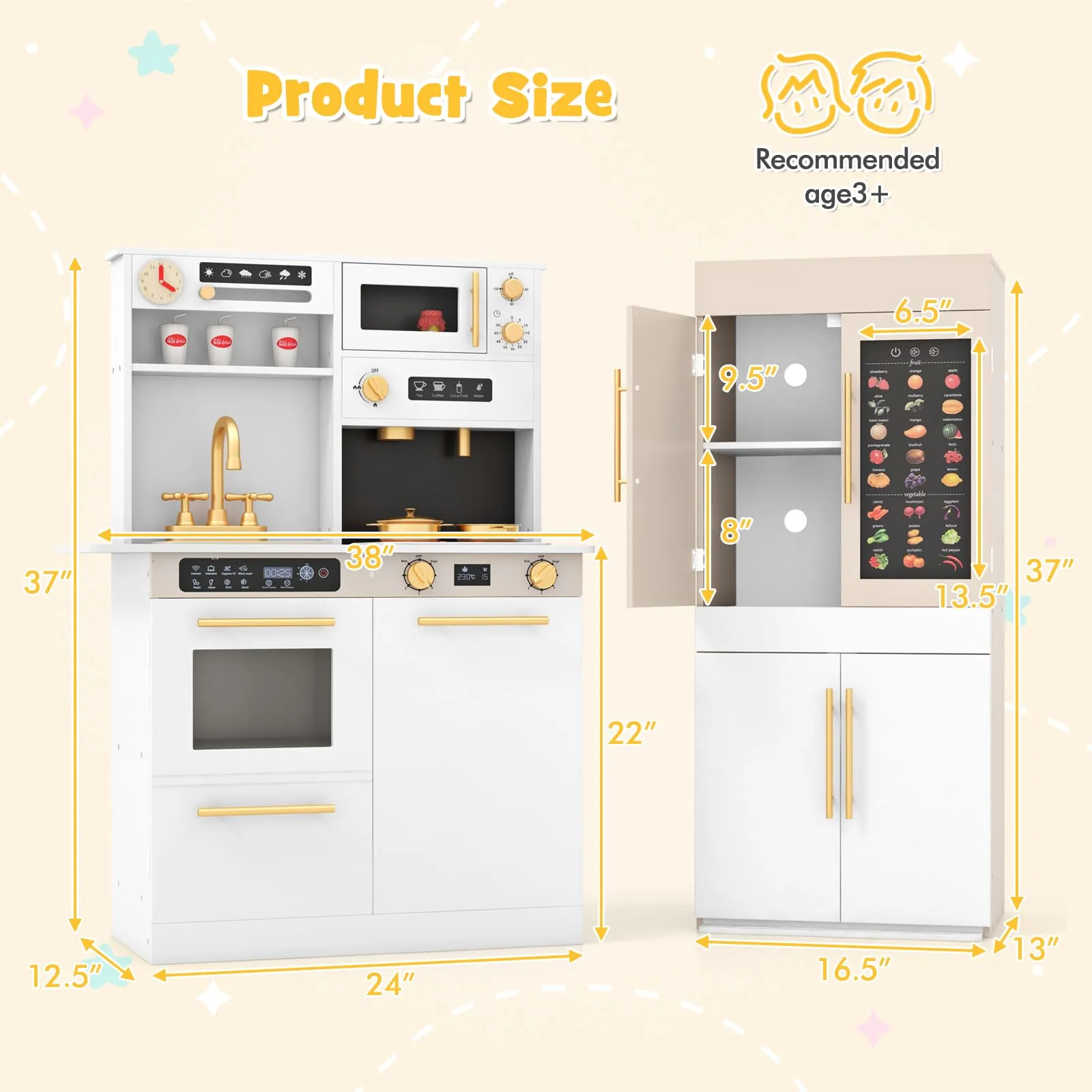 INFANS Play Kitchen for Kids, 2-Piece Fridge Refrigerator Playset Combination with Electronic Interactive Alphabet Wall Chart