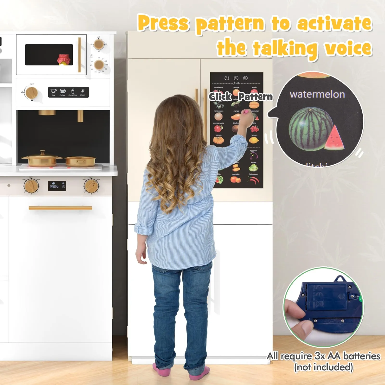 INFANS Play Kitchen for Kids, 2-Piece Fridge Refrigerator Playset Combination with Electronic Interactive Alphabet Wall Chart