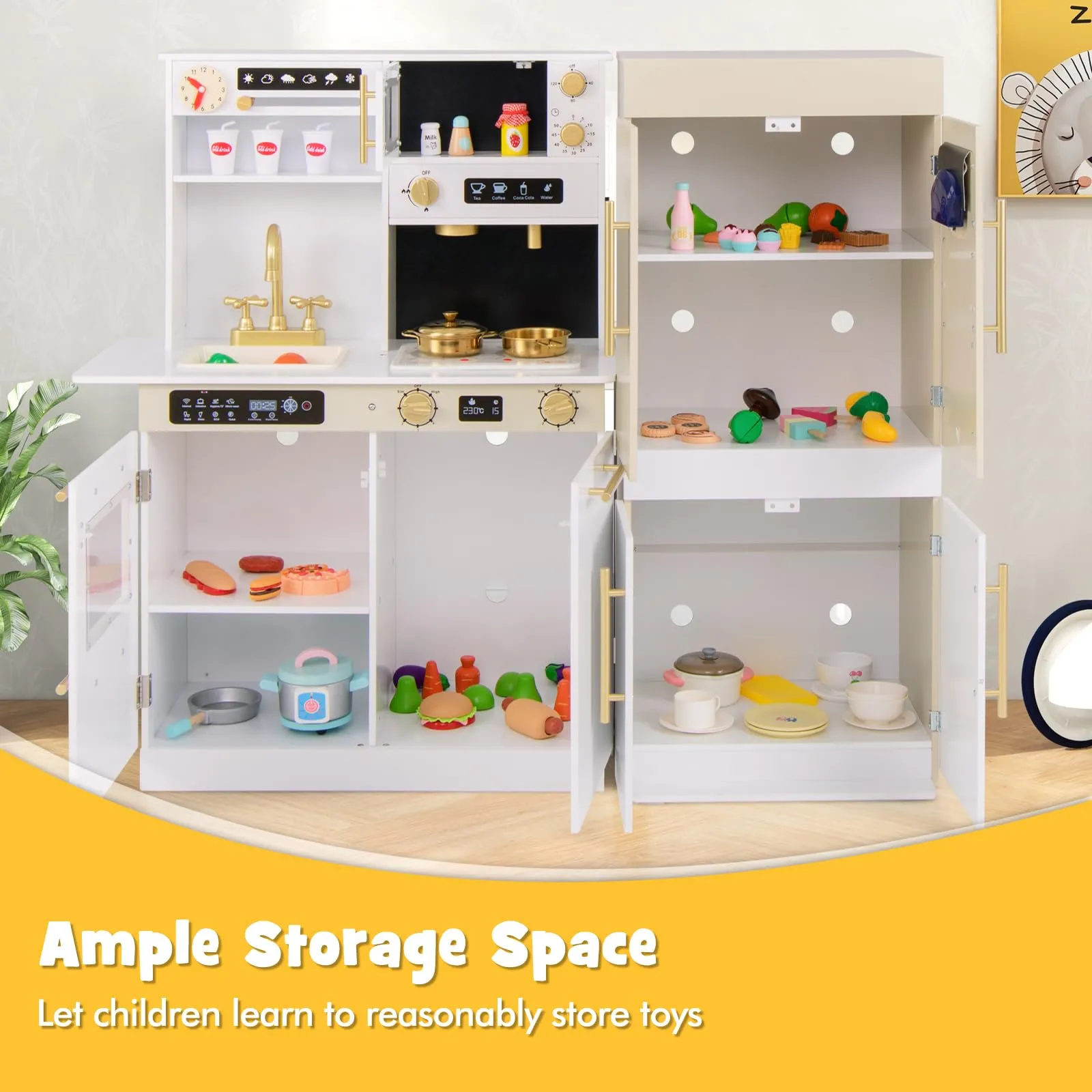 INFANS Play Kitchen for Kids, 2-Piece Fridge Refrigerator Playset Combination with Electronic Interactive Alphabet Wall Chart