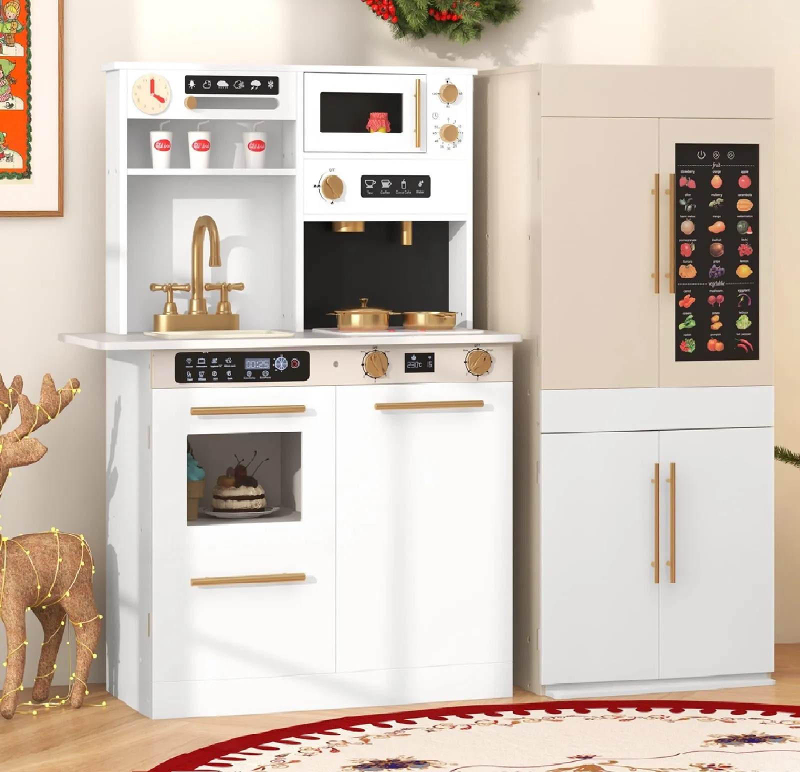 INFANS Play Kitchen for Kids, 2-Piece Fridge Refrigerator Playset Combination with Electronic Interactive Alphabet Wall Chart