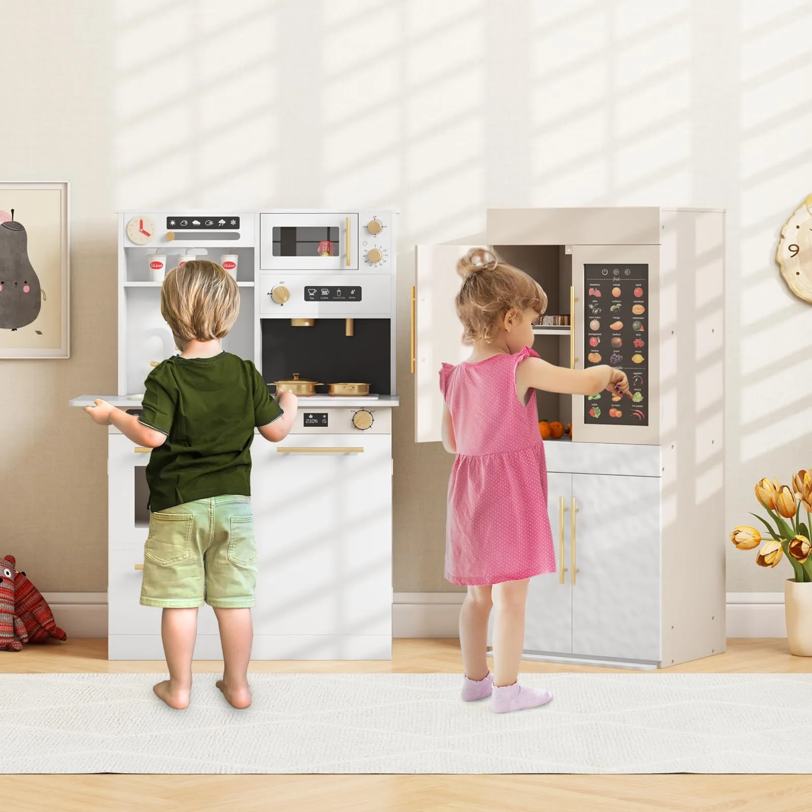 INFANS Play Kitchen for Kids, 2-Piece Fridge Refrigerator Playset Combination with Electronic Interactive Alphabet Wall Chart