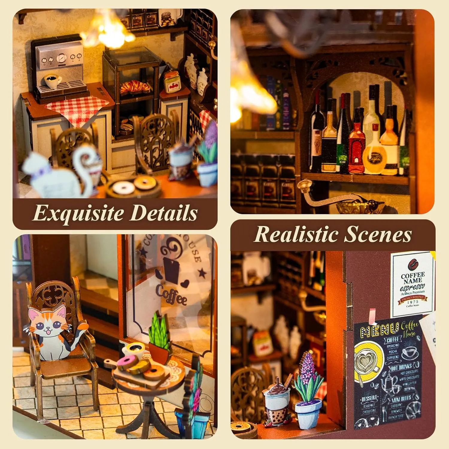 Insert Decor with LED Light, Miniature House Kit Wooden Crafts Gifts Book Nook Kit Coffee House, DIY Booknooks Kit for uphold elongate telegraph Adults Women Girls Teens, Bookshelf Diorama Miniature Scenes 
