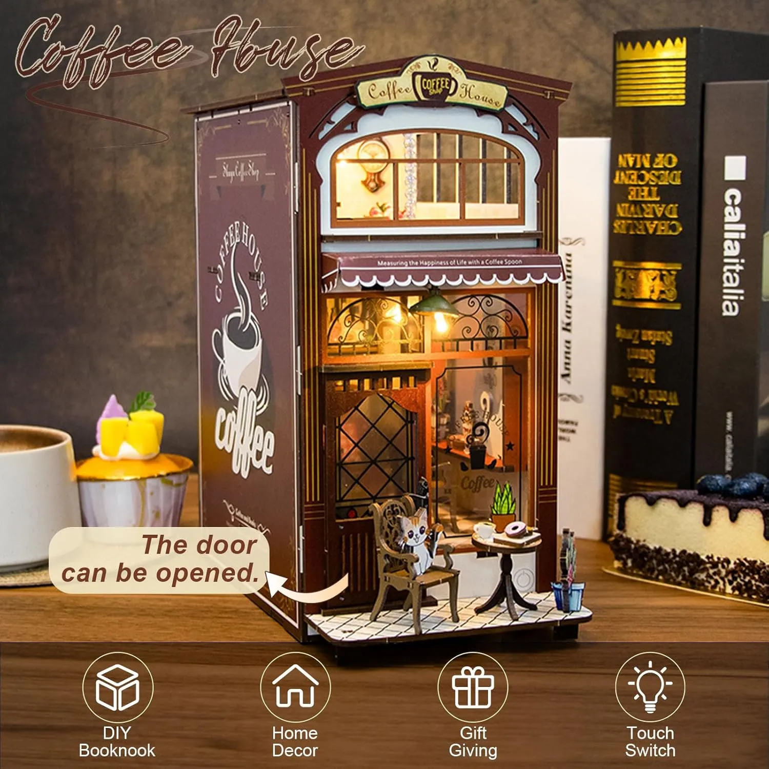 Insert Decor with LED Light, Miniature House Kit Wooden Crafts Gifts Book Nook Kit Coffee House, DIY Booknooks Kit for uphold elongate telegraph Adults Women Girls Teens, Bookshelf Diorama Miniature Scenes 