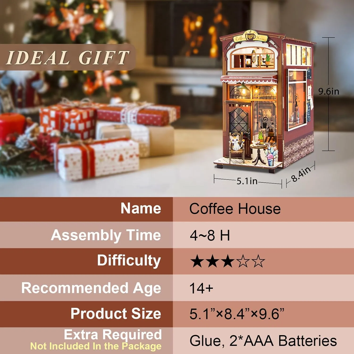 Insert Decor with LED Light, Miniature House Kit Wooden Crafts Gifts Book Nook Kit Coffee House, DIY Booknooks Kit for uphold elongate telegraph Adults Women Girls Teens, Bookshelf Diorama Miniature Scenes 