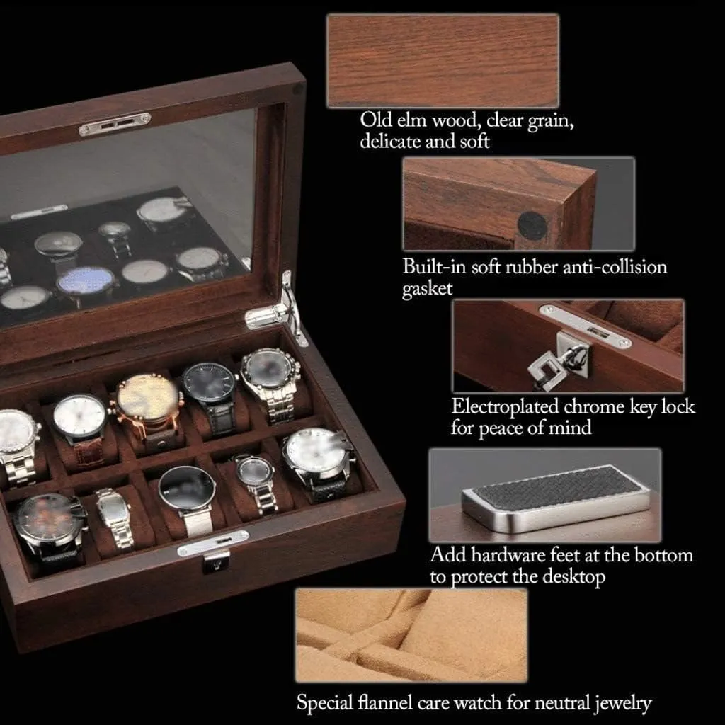 Jewelry Box with Key and Glass Top Jewelry Storage Organizer Display Box Watch Box Watch Winder(Coffee) Watch Gift Box Mens Jewellery Box commute speculation Watch Case Watch Roll Solid Wood Watch Box 10 Slot Wooden 