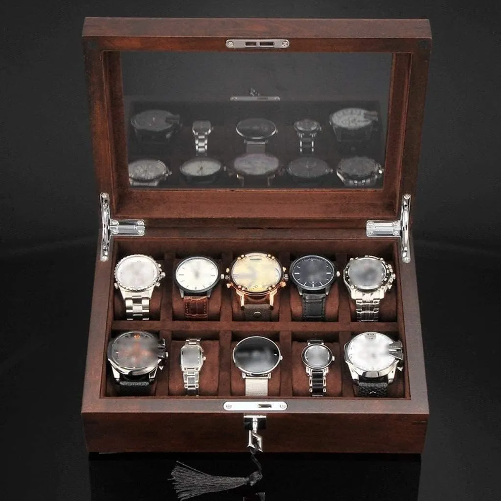 Jewelry Box with Key and Glass Top Jewelry Storage Organizer Display Box Watch Box Watch Winder(Coffee) Watch Gift Box Mens Jewellery Box commute speculation Watch Case Watch Roll Solid Wood Watch Box 10 Slot Wooden 