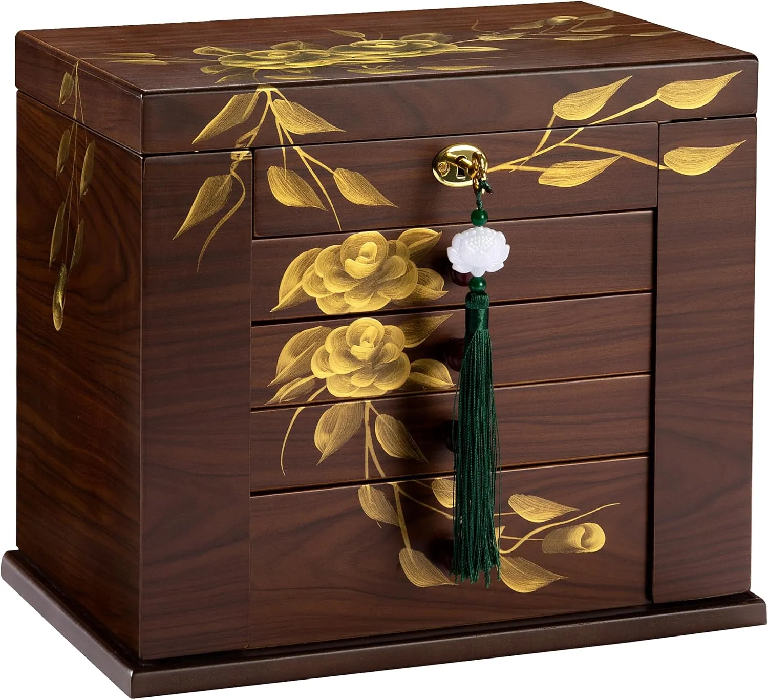 Jewelry Boxes & Organizer with incessant Drawers for Rings Necklaces,Hand-painted rose flowers jewelry case organizer,jewelry safe Wooden Jewelry Box for Women, 5-Layer Large Wood 