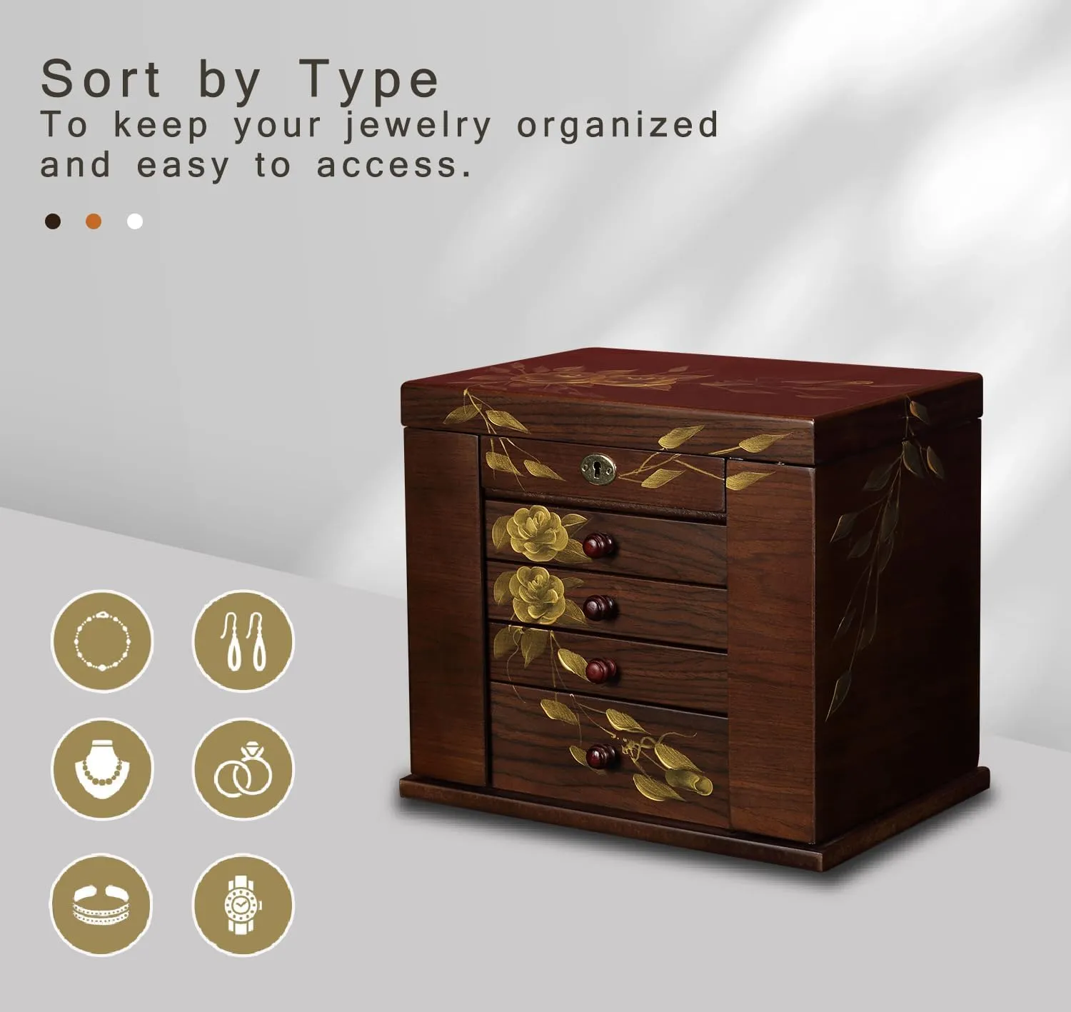 Jewelry Boxes & Organizer with incessant Drawers for Rings Necklaces,Hand-painted rose flowers jewelry case organizer,jewelry safe Wooden Jewelry Box for Women, 5-Layer Large Wood 