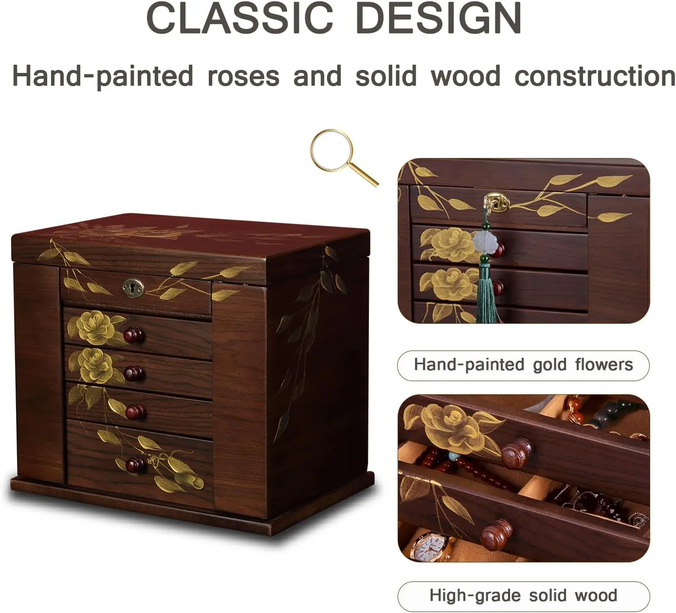 Jewelry Boxes & Organizer with incessant Drawers for Rings Necklaces,Hand-painted rose flowers jewelry case organizer,jewelry safe Wooden Jewelry Box for Women, 5-Layer Large Wood 