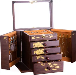 Jewelry Boxes & Organizer with incessant Drawers for Rings Necklaces,Hand-painted rose flowers jewelry case organizer,jewelry safe Wooden Jewelry Box for Women, 5-Layer Large Wood 