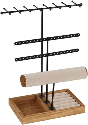 Jewelry Display Holder with Wooden Rings Tray for Earrings Bracelets Necklaces Watches Jewelry Accessories Metal T-Bar Jewelry Organizer Stand, promote 4-Tier 