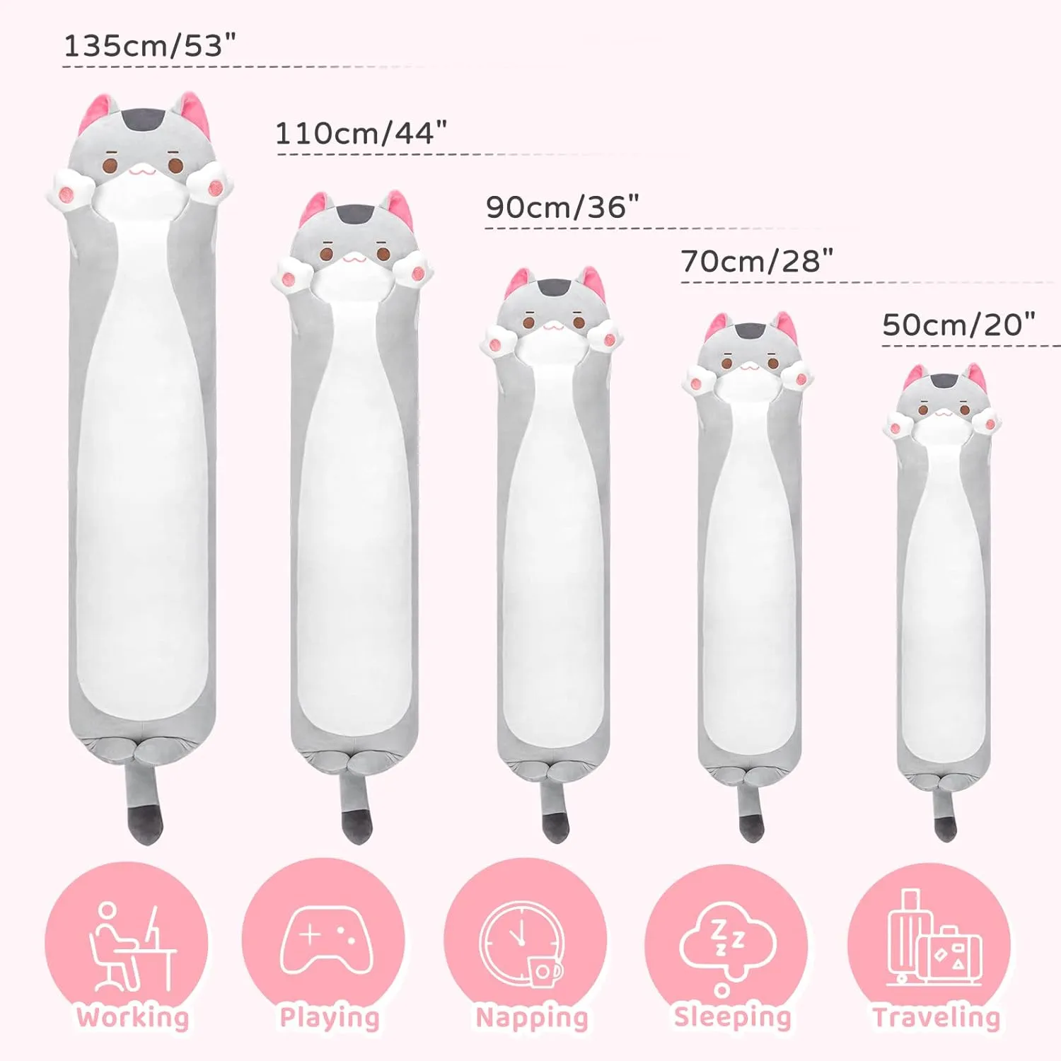 Kawaii Plush Throw Pillow Doll Toy Gift for Girlfriend Long Cat Plush Cat Body Pillow, 44 Inch Cute Gray Cat Stuffed Animals Soft Plushies, provincialism rediscover Kitten 