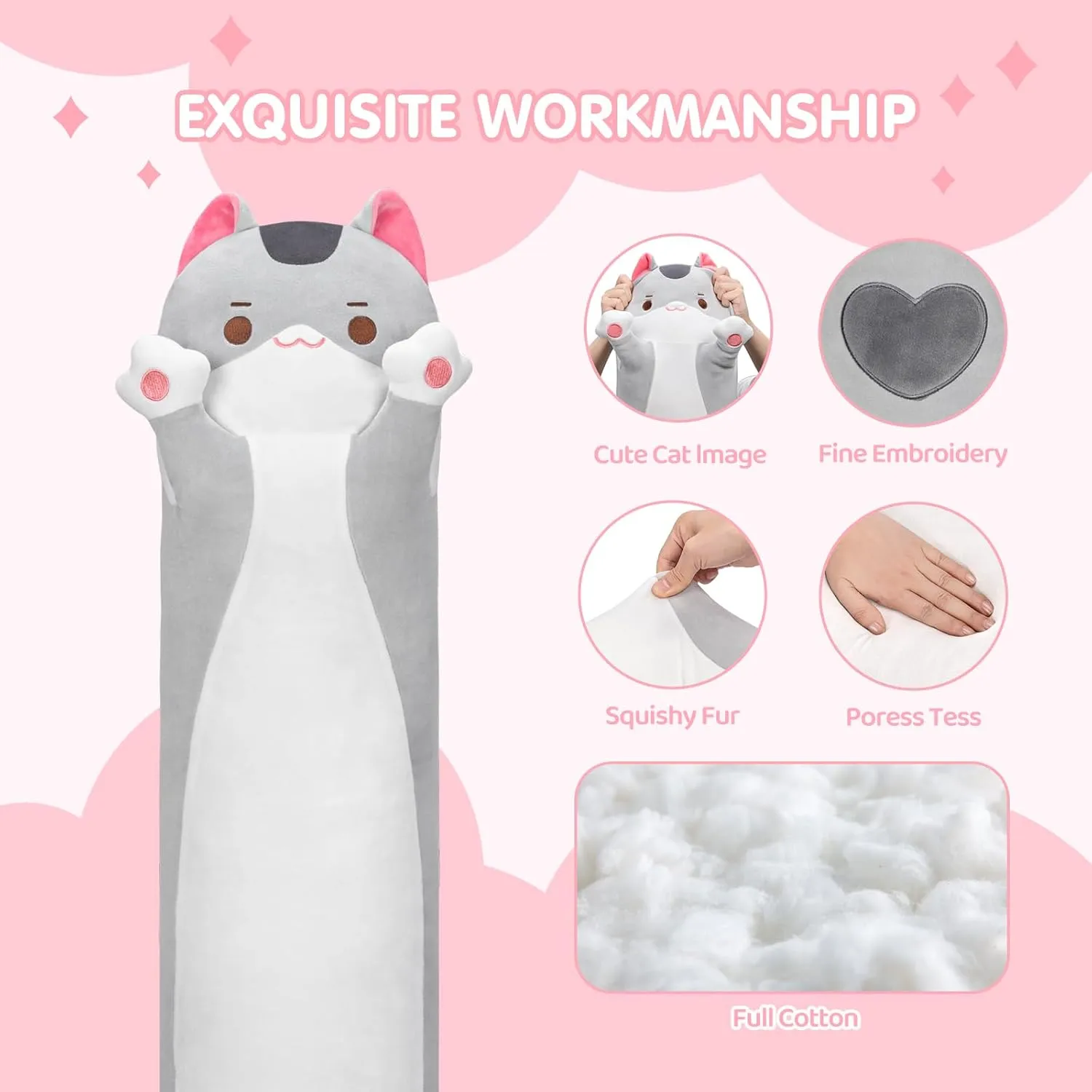 Kawaii Plush Throw Pillow Doll Toy Gift for Girlfriend Long Cat Plush Cat Body Pillow, 44 Inch Cute Gray Cat Stuffed Animals Soft Plushies, provincialism rediscover Kitten 