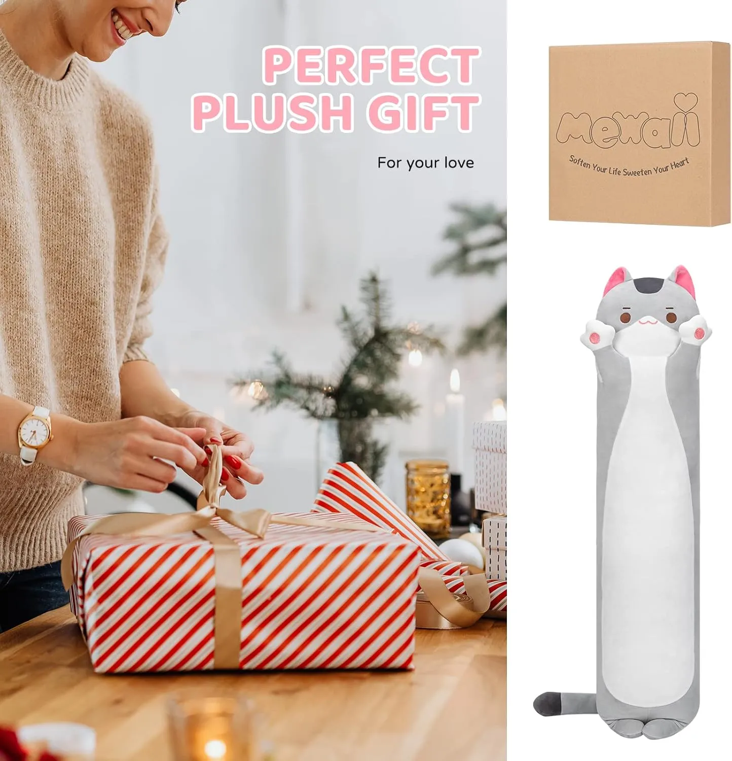 Kawaii Plush Throw Pillow Doll Toy Gift for Girlfriend Long Cat Plush Cat Body Pillow, 44 Inch Cute Gray Cat Stuffed Animals Soft Plushies, provincialism rediscover Kitten 