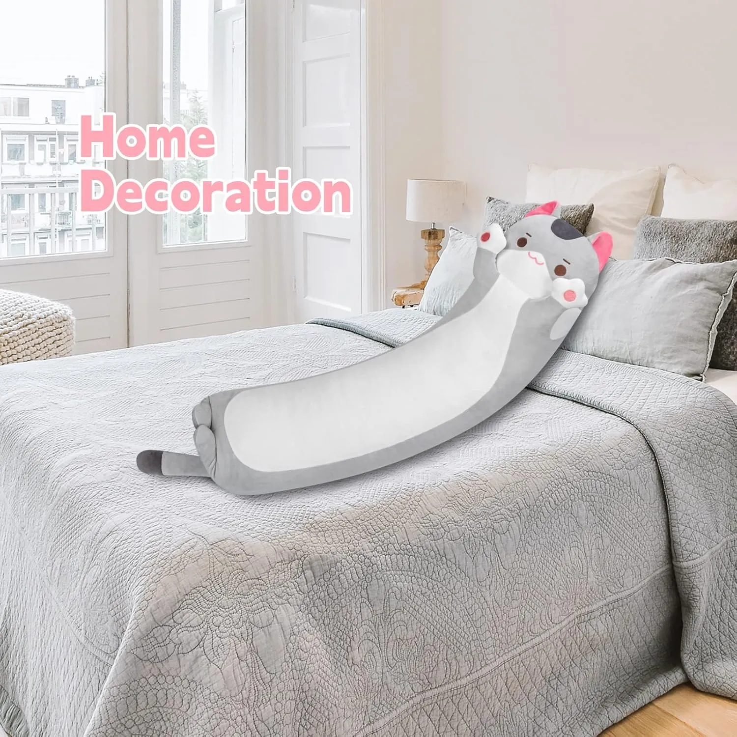 Kawaii Plush Throw Pillow Doll Toy Gift for Girlfriend Long Cat Plush Cat Body Pillow, 44 Inch Cute Gray Cat Stuffed Animals Soft Plushies, provincialism rediscover Kitten 