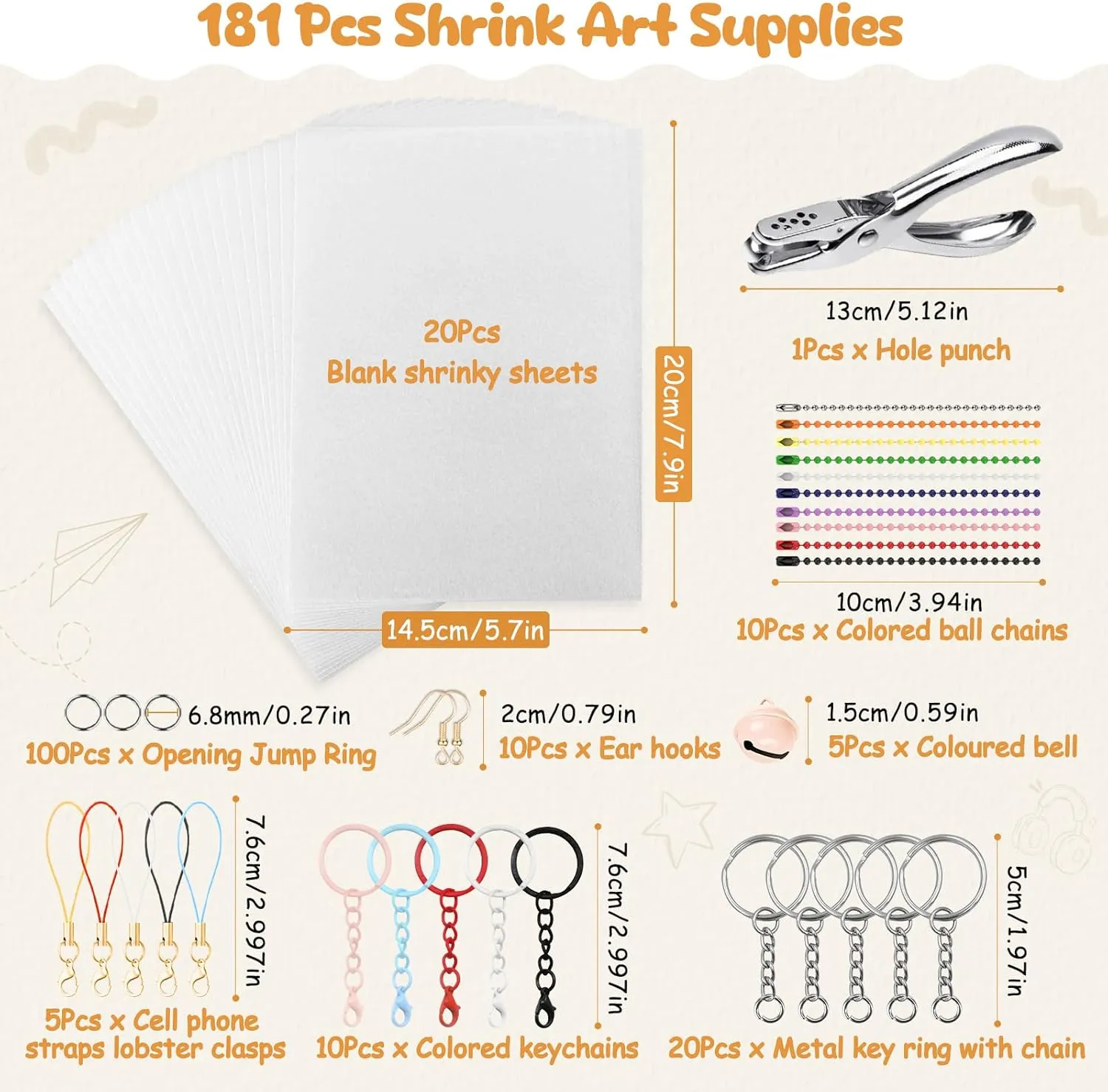 Kids Creative Craft Marking, DIY Ornaments or Creative Craft Hayunfiys 181PCS Shrinky Plastic Dink Sheets Kit,20PCS Shrink Paper and speckle 161PCS Keychains and Open Iron Ring for 