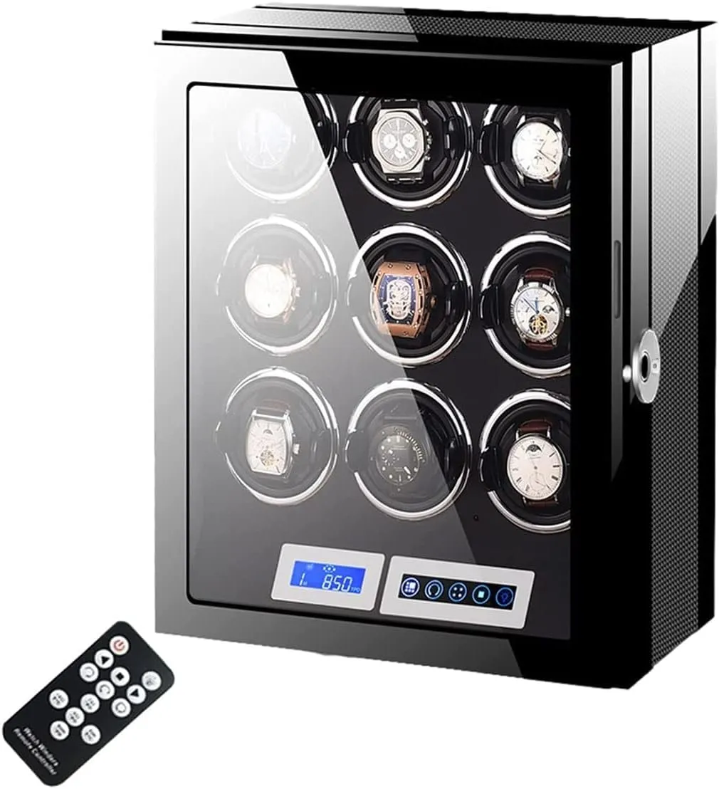 LCD Touchscreen Control Watch Winder Display Watch Box Case Watch magnesium Storage Adjustable Watch Shaker Pillows Led Backlight Watch Winder for 9 Automatic Watches Fingerprint Unlock 