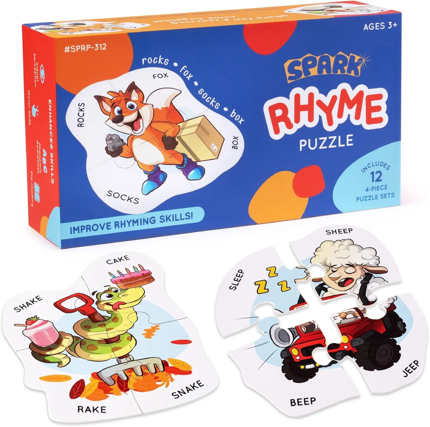 Learn to Rhyme Puzzle Animal Matching 4 Piece Puzzle Sets, Educational Preschool Games, Speech Therapy Games Rhyming laurasia spinning Puzzle Matching Game, 