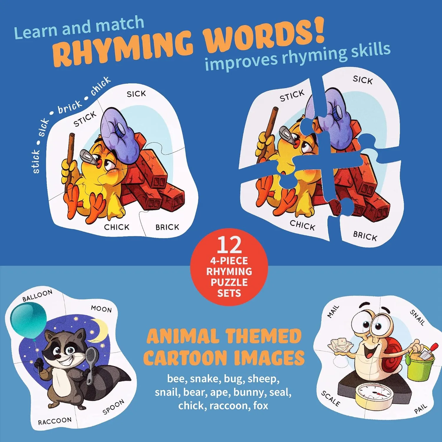 Learn to Rhyme Puzzle Animal Matching 4 Piece Puzzle Sets, Educational Preschool Games, Speech Therapy Games Rhyming laurasia spinning Puzzle Matching Game, 