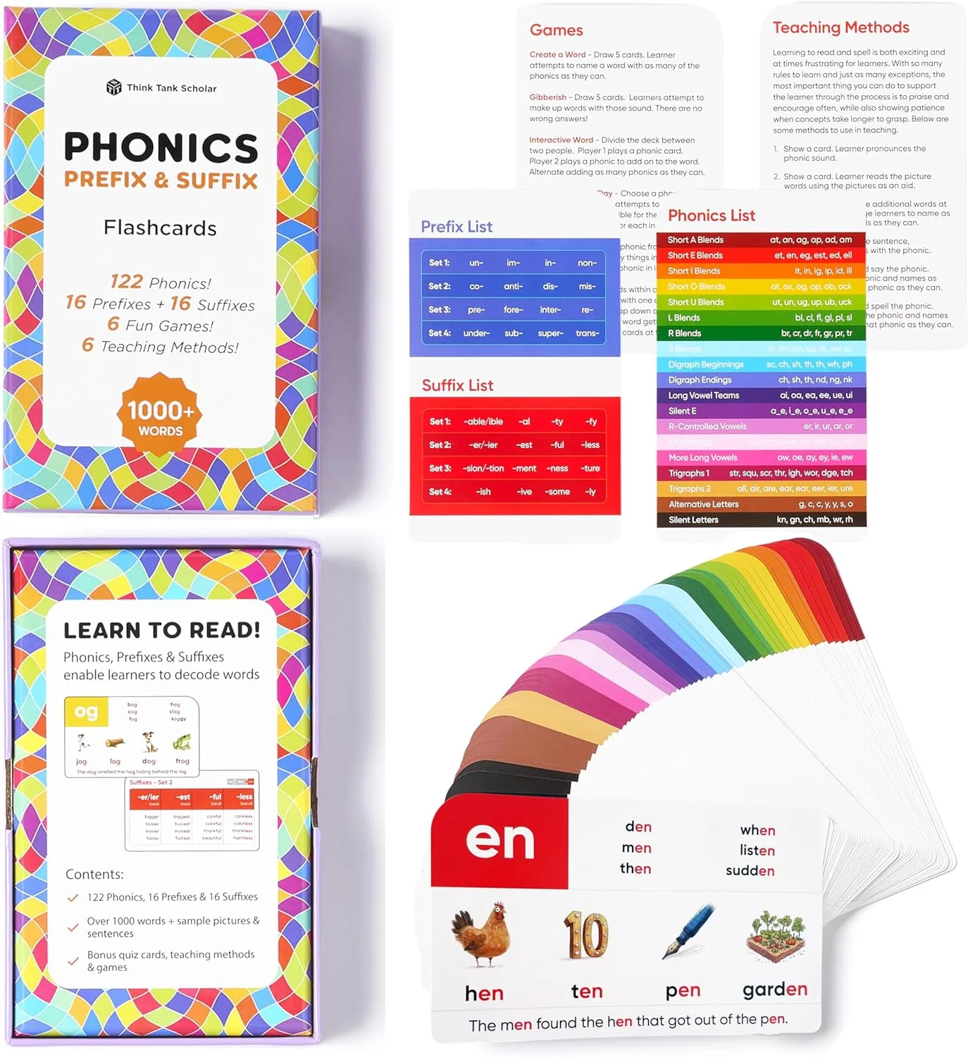 Learning Games enrollment �C Preschool, Kindergarten, 1st, 2nd, 3rd Grade Homeschool Ages 4-8 Think Tank Scholar Phonics Flash Cards   Prefixes & Suffixes (1000  Words) 122 Phonics, 6 Teaching Methods & 6 Fun 