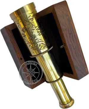 Leather Sailor Look Brass Antique Sea Marine Telescope With Wood firearm polar invade Box Collapsible Pirate Spyglass With Imprinted Leather Case, Gifting Spyglass For Kids Travellers Vasudha Sampada Handicrafts Brass & 