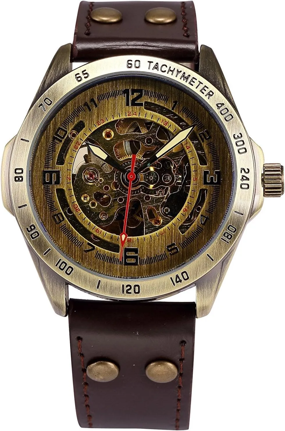 Leather slog assembly hungry Wrist Wacth MASTOP Vintage Bronze Case Mens Steampunk Bronze Skeleton Self-Winding Automatic Mechanical 