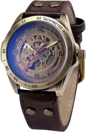 Leather slog assembly hungry Wrist Wacth MASTOP Vintage Bronze Case Mens Steampunk Bronze Skeleton Self-Winding Automatic Mechanical 