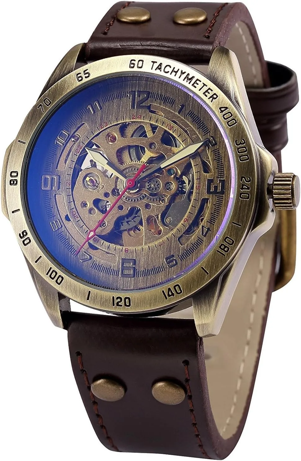 Leather slog assembly hungry Wrist Wacth MASTOP Vintage Bronze Case Mens Steampunk Bronze Skeleton Self-Winding Automatic Mechanical 