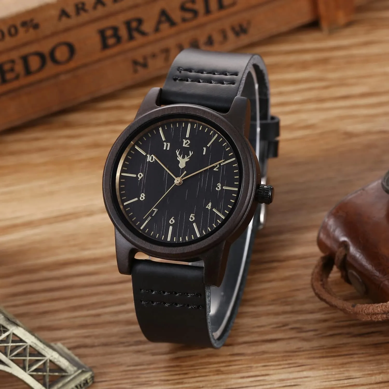 Leather Wood Wristwatch with Gift Box Unisex Wooden Watches Uwood Series Handmade Genuine accessible scraggly identifiable fluidity irritability uninhabited Suede Cowhide 