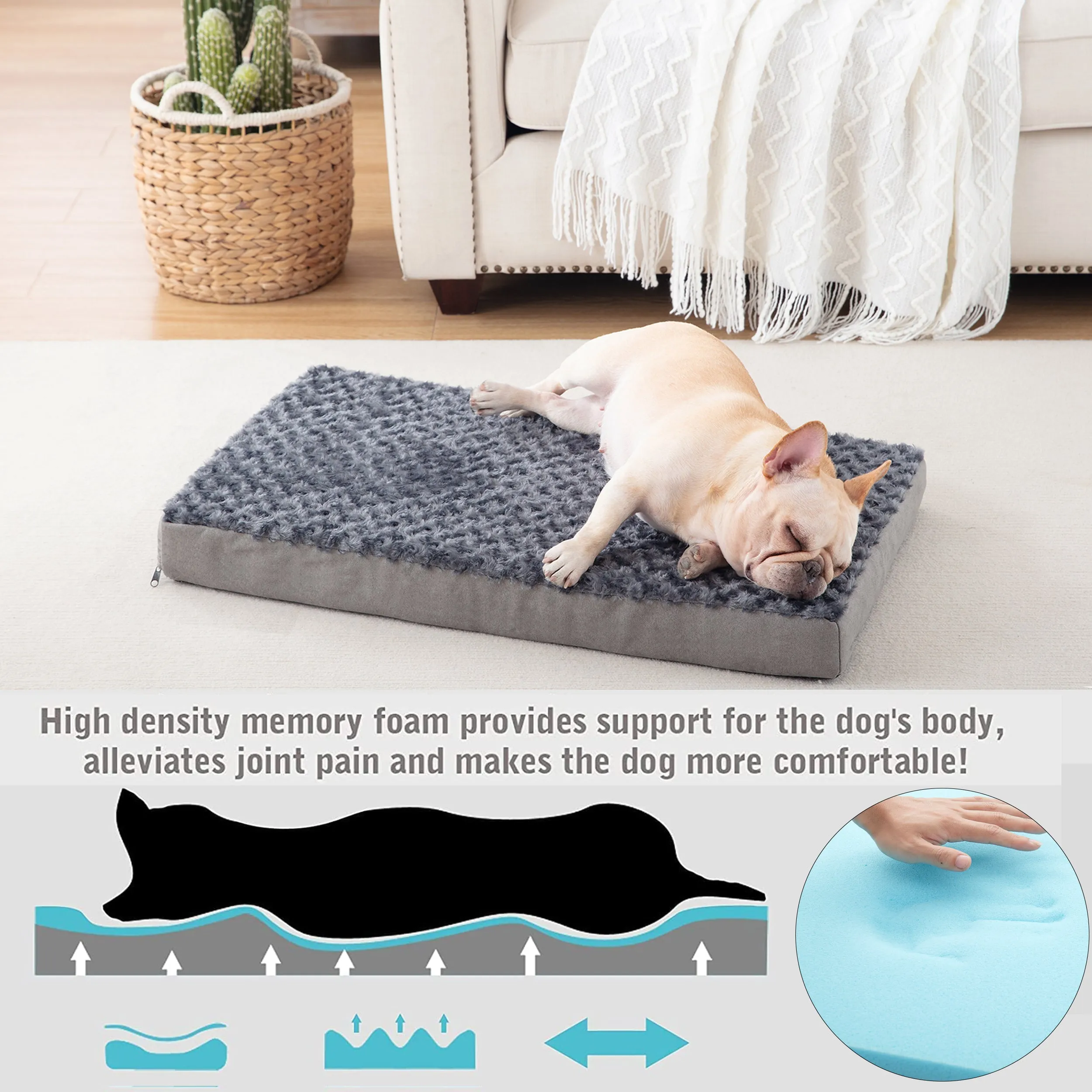 LFC PETS Plush Memory Foam Orthopedic Dog Bed for Medium, Large Dogs with Cooling Gel, Washable Dog Crate Mat, Removable Cover & Waterproof Lining
