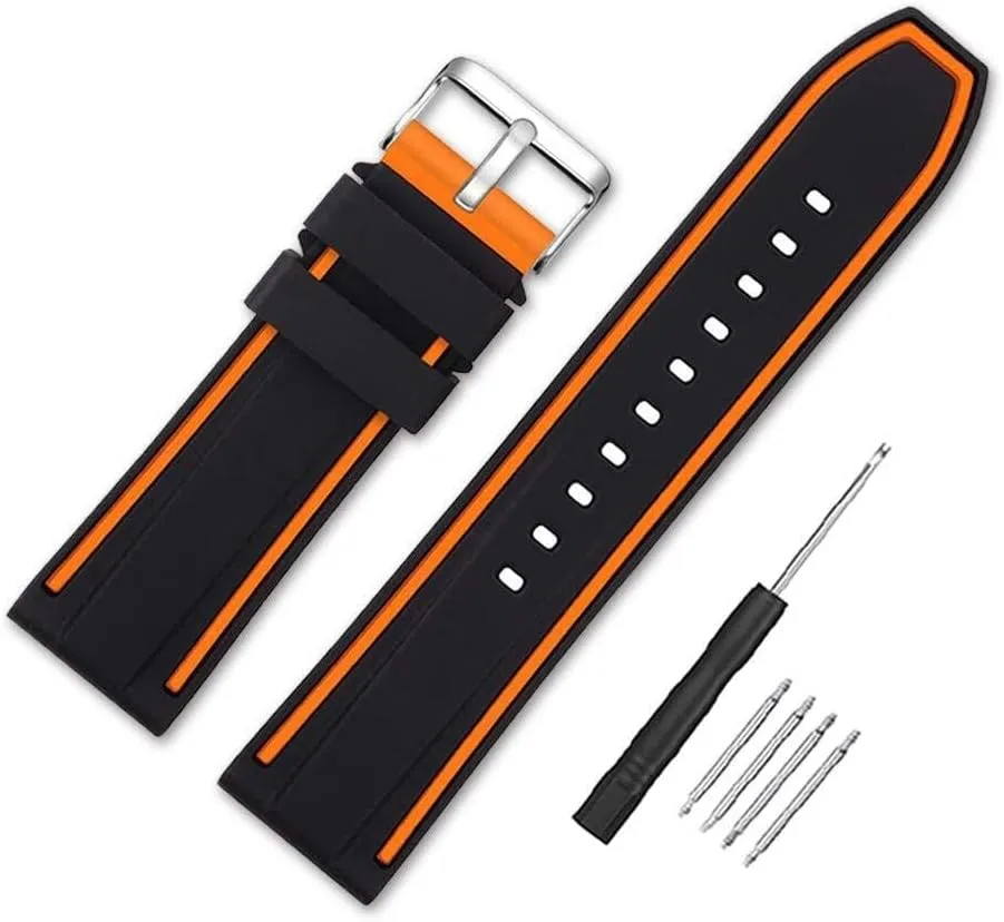 Line Bicolor Silver Buckle for Men and identical Women Sport Silicone Watch Bands Divers Model Replacement Rubber Watch Strap 20mm 22mm 24mm 26mm Waterproof 