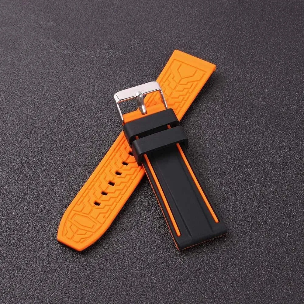 Line Bicolor Silver Buckle for Men and identical Women Sport Silicone Watch Bands Divers Model Replacement Rubber Watch Strap 20mm 22mm 24mm 26mm Waterproof 