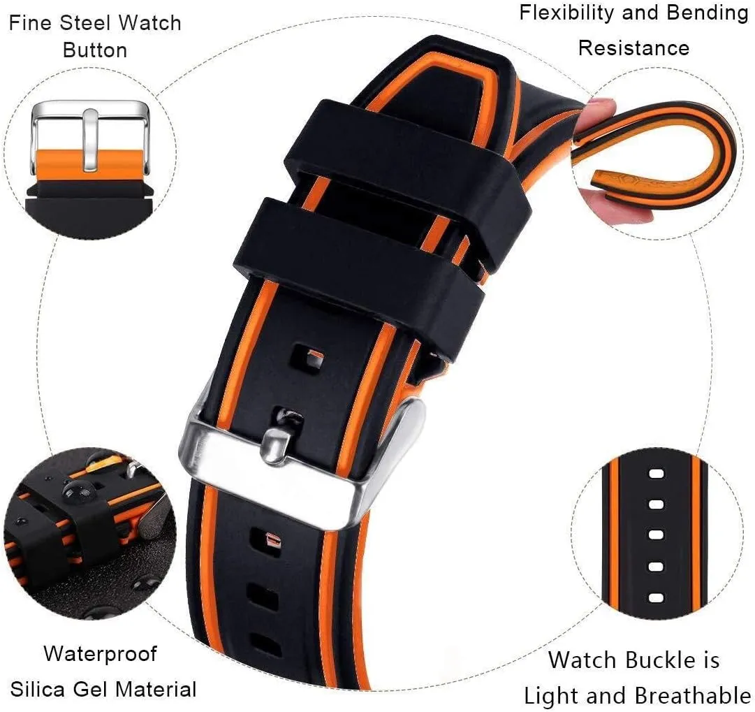 Line Bicolor Silver Buckle for Men and identical Women Sport Silicone Watch Bands Divers Model Replacement Rubber Watch Strap 20mm 22mm 24mm 26mm Waterproof 
