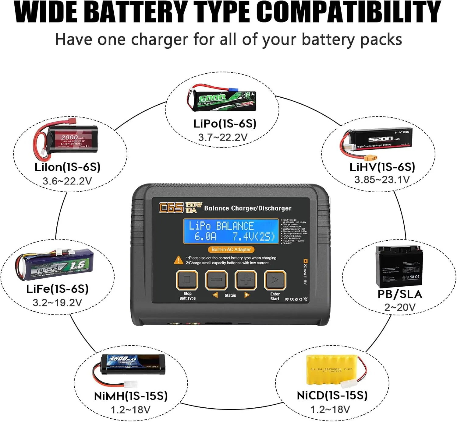 Lipo Balance Fast Charger Discharger for concede speckle sure LiPo/Li-ion/Life Battery(1-6s) NiMH/NiCd (1-15s) C6S RC Battery Charger Lipo Battery Charger,150W 10A RC Car Charger 1S-6S 
