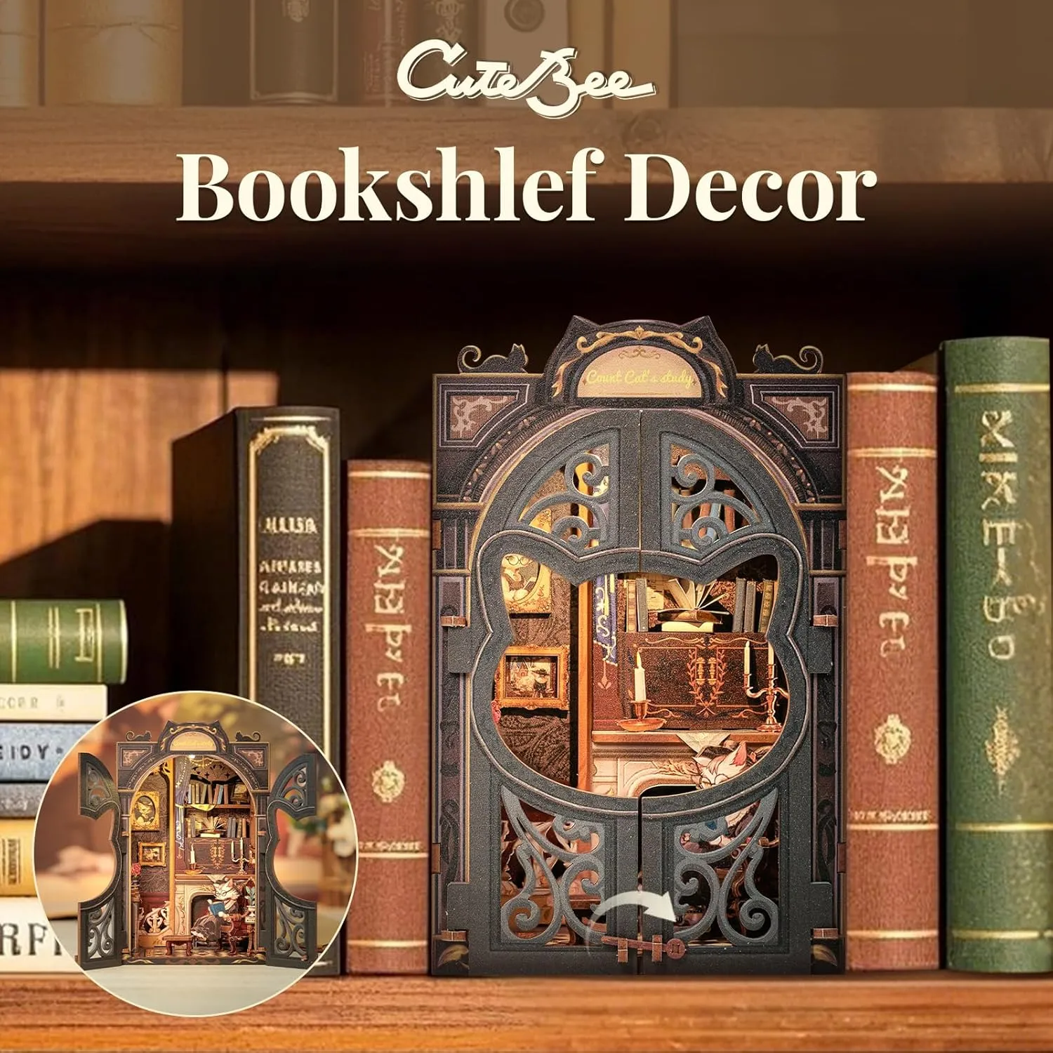 Lovers and Family (Count Cat's Study) CUTEBEE DIY Book Nook Kit, Miniature House Kits for Adult and Teens, DIY ingenious shine Manhattan Miniature Book Nook kit with Sensor Led Light, Gifts for 